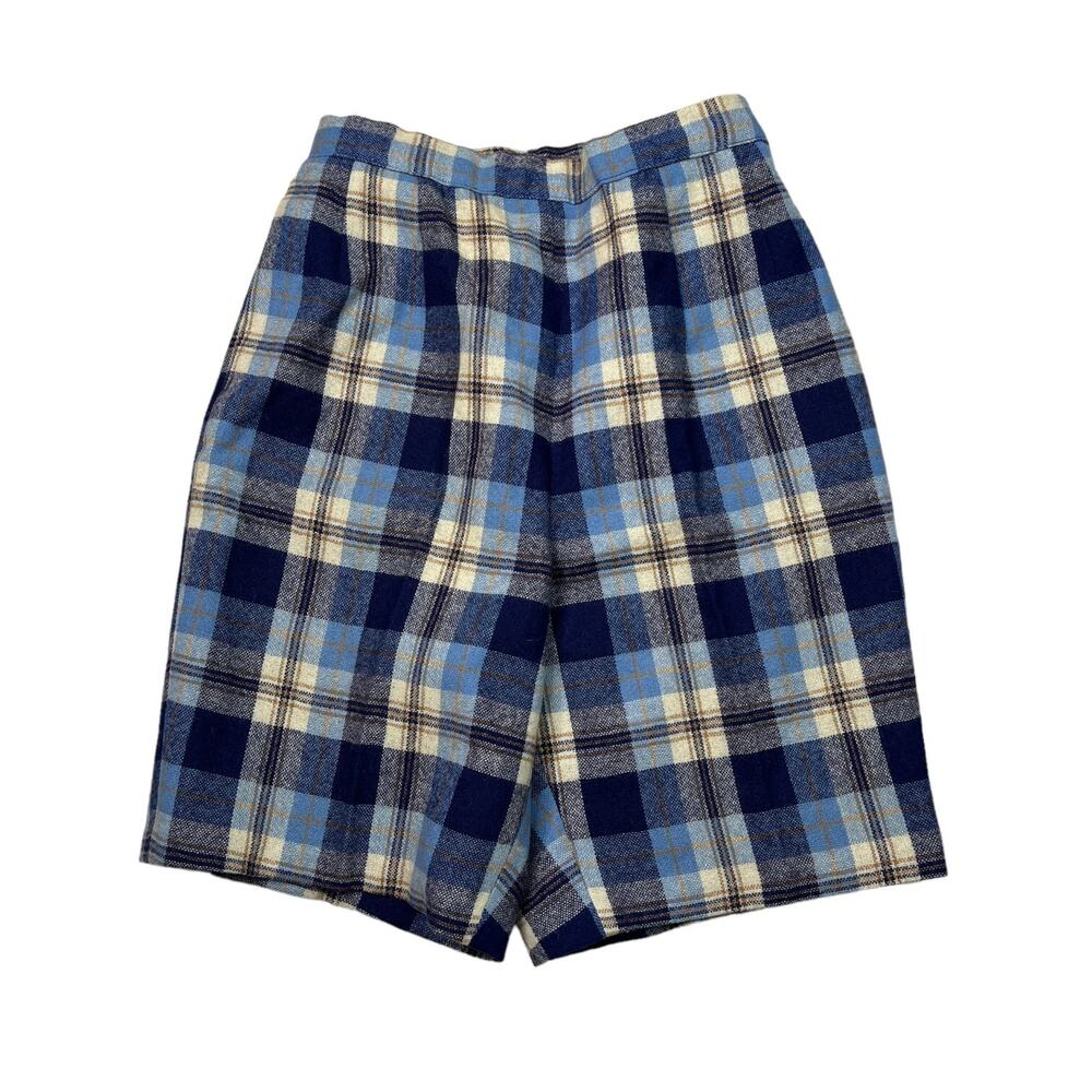 Vintage 60s Wool Plaid High Waisted Flat Front Shorts Blue Womens 4/6